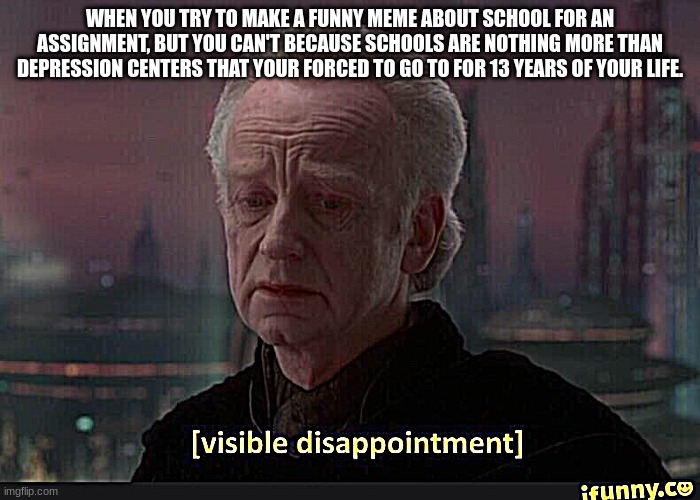 visible dissappointment | WHEN YOU TRY TO MAKE A FUNNY MEME ABOUT SCHOOL FOR AN ASSIGNMENT, BUT YOU CAN'T BECAUSE SCHOOLS ARE NOTHING MORE THAN DEPRESSION CENTERS THAT YOUR FORCED TO GO TO FOR 13 YEARS OF YOUR LIFE. | image tagged in visible dissappointment | made w/ Imgflip meme maker