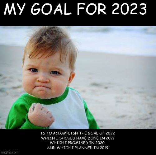 sucess kid | MY GOAL FOR 2023; IS TO ACCOMPLISH THE GOAL OF 2022
WHICH I SHOULD HAVE DONE IN 2021
WHICH I PROMISED IN 2020 
AND WHICH I PLANNED IN 2019 | image tagged in memes,success kid original | made w/ Imgflip meme maker