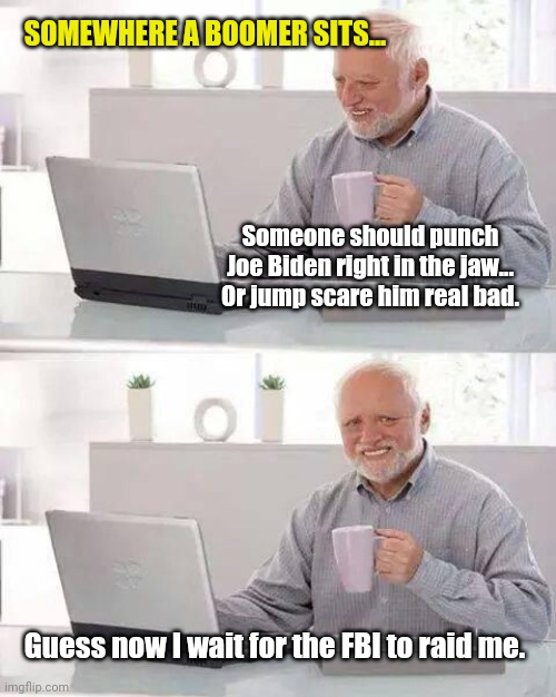 Hide the Pain Harold Meme | SOMEWHERE A BOOMER SITS... Someone should punch Joe Biden right in the jaw... Or jump scare him real bad. Guess now I wait for the FBI to raid me. | image tagged in memes,hide the pain harold | made w/ Imgflip meme maker