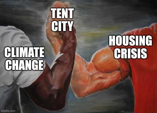 Arm wrestling meme template | TENT CITY; HOUSING CRISIS; CLIMATE CHANGE | image tagged in arm wrestling meme template | made w/ Imgflip meme maker