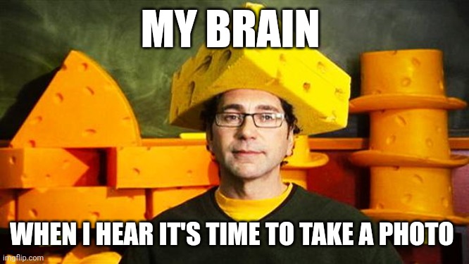 My brain is cheese before photograph | MY BRAIN; WHEN I HEAR IT'S TIME TO TAKE A PHOTO | image tagged in loyal cheesehead | made w/ Imgflip meme maker