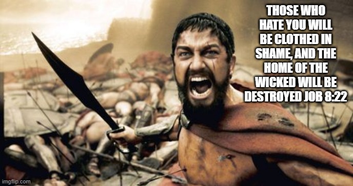 Sparta Leonidas | THOSE WHO HATE YOU WILL BE CLOTHED IN SHAME, AND THE HOME OF THE WICKED WILL BE DESTROYED JOB 8:22 | image tagged in memes,sparta leonidas | made w/ Imgflip meme maker