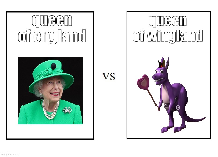 queen of wingland | queen of england; queen of wingland | image tagged in versus | made w/ Imgflip meme maker