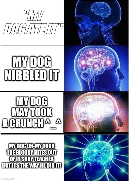 Expanding Brain | "MY DOG ATE IT"; MY DOG NIBBLED IT; MY DOG MAY TOOK A CRUNCH ^_^; MY DOG OH-MY TOOK THE BLOODY BITES OUT OF IT SORY TEACHER BUT ITS THE WAY HE DID IT! | image tagged in memes,expanding brain | made w/ Imgflip meme maker