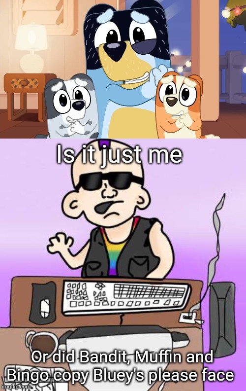 I thought so too | Is it just me; Or did Bandit, Muffin and Bingo copy Bluey's please face | image tagged in is it just me or,memes,bluey,please,face,scene | made w/ Imgflip meme maker