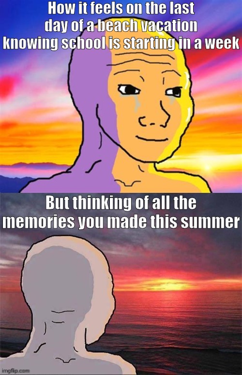 All good things come to an end | How it feels on the last day of a beach vacation knowing school is starting in a week; But thinking of all the memories you made this summer | image tagged in wojak nostalgia,beach,vacation,summer,school | made w/ Imgflip meme maker