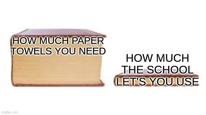 Why? Just why, school? | HOW MUCH PAPER TOWELS YOU NEED; HOW MUCH THE SCHOOL LET'S YOU USE | image tagged in big book small book | made w/ Imgflip meme maker