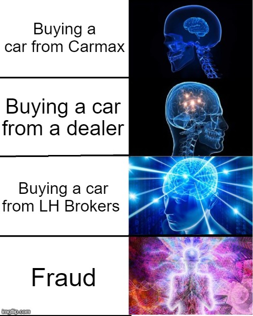 GALAXY BRAIN | Buying a car from Carmax; Buying a car from a dealer; Buying a car from LH Brokers; Fraud | image tagged in galaxy brain | made w/ Imgflip meme maker