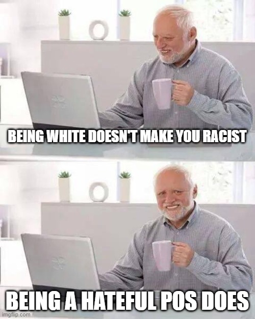 A lot of racism ccoming from non-whites these days. | BEING WHITE DOESN'T MAKE YOU RACIST; BEING A HATEFUL POS DOES | image tagged in memes,hide the pain harold | made w/ Imgflip meme maker