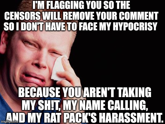 cry | I'M FLAGGING YOU SO THE CENSORS WILL REMOVE YOUR COMMENT SO I DON'T HAVE TO FACE MY HYPOCRISY BECAUSE YOU AREN'T TAKING MY SH!T, MY NAME CAL | image tagged in cry | made w/ Imgflip meme maker