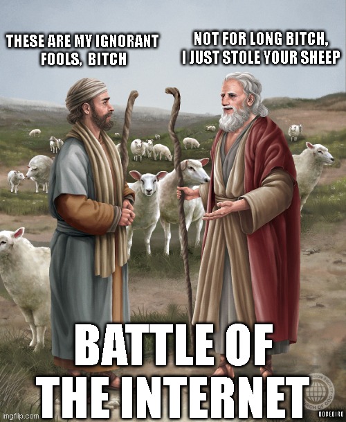 my sheep, no mine | NOT FOR LONG BITCH,
I JUST STOLE YOUR SHEEP; THESE ARE MY IGNORANT
 FOOLS,  BITCH; BATTLE OF THE INTERNET; DOGEBIRD | image tagged in sheep | made w/ Imgflip meme maker