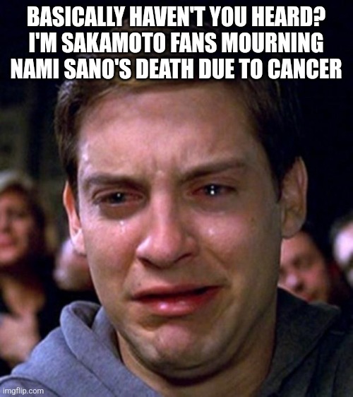 Basically a sad day for Haven't You Heard? I'm Sakamoto fans when the writer of the said manga died of cancer | BASICALLY HAVEN'T YOU HEARD? I'M SAKAMOTO FANS MOURNING NAMI SANO'S DEATH DUE TO CANCER | image tagged in crying peter parker,rip | made w/ Imgflip meme maker