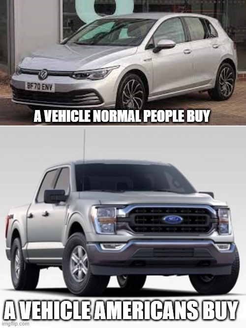 Motor Vehicles - Americans Versus Normal People | A VEHICLE NORMAL PEOPLE BUY; A VEHICLE AMERICANS BUY | image tagged in volkswagen,vw golf,ford f-150,pickup truck | made w/ Imgflip meme maker