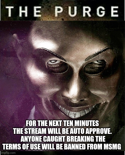 da purge | FOR THE NEXT TEN MINUTES THE STREAM WILL BE AUTO APPROVE.  ANYONE CAUGHT BREAKING THE TERMS OF USE WILL BE BANNED FROM MSMG | image tagged in da purge | made w/ Imgflip meme maker