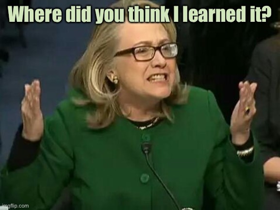hillary what difference does it make | Where did you think I learned it? | image tagged in hillary what difference does it make | made w/ Imgflip meme maker