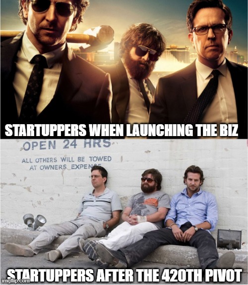 Startup life be like | STARTUPPERS WHEN LAUNCHING THE BIZ; STARTUPPERS AFTER THE 420TH PIVOT | image tagged in expectation vs reality | made w/ Imgflip meme maker