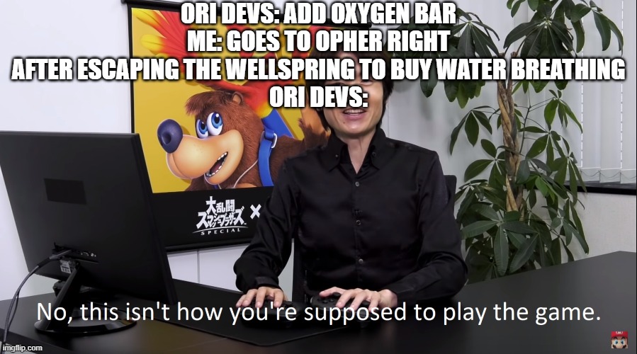 very true | ORI DEVS: ADD OXYGEN BAR
ME: GOES TO OPHER RIGHT AFTER ESCAPING THE WELLSPRING TO BUY WATER BREATHING
ORI DEVS: | image tagged in no this isnt how youre supposed to play the game | made w/ Imgflip meme maker
