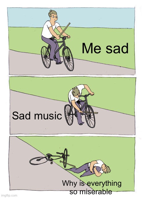 Most people do this when they’re sad tbh | Me sad; Sad music; Why is everything so miserable | image tagged in memes,bike fall,music,funny,funny memes,relatable | made w/ Imgflip meme maker