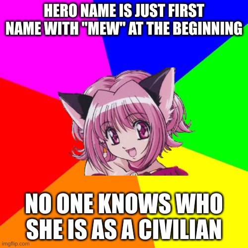 tokyo mew mew logic | HERO NAME IS JUST FIRST NAME WITH "MEW" AT THE BEGINNING; NO ONE KNOWS WHO SHE IS AS A CIVILIAN | image tagged in memes,blank colored background | made w/ Imgflip meme maker