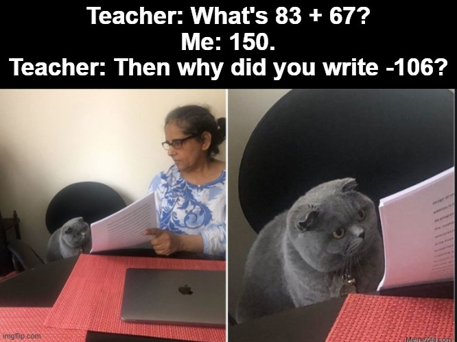 Overflow | Teacher: What's 83 + 67?
Me: 150.
Teacher: Then why did you write -106? | image tagged in then why did you write | made w/ Imgflip meme maker