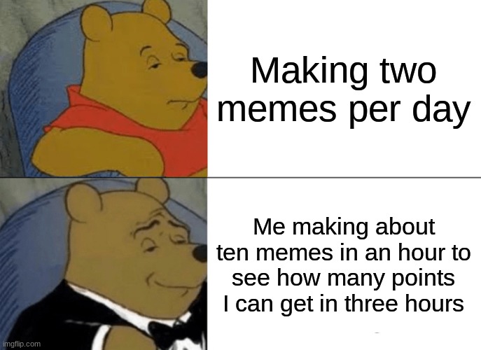 The timer at 2 hrs 54 mins | Making two memes per day; Me making about ten memes in an hour to see how many points I can get in three hours | image tagged in memes,tuxedo winnie the pooh | made w/ Imgflip meme maker