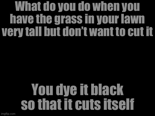 What do you do when you have the grass in your lawn very tall but don’t want to cut it; You dye it black so that it cuts itself | made w/ Imgflip meme maker