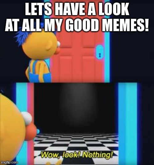 Wow, look nothing | LETS HAVE A LOOK AT ALL MY GOOD MEMES! | image tagged in wow look nothing | made w/ Imgflip meme maker