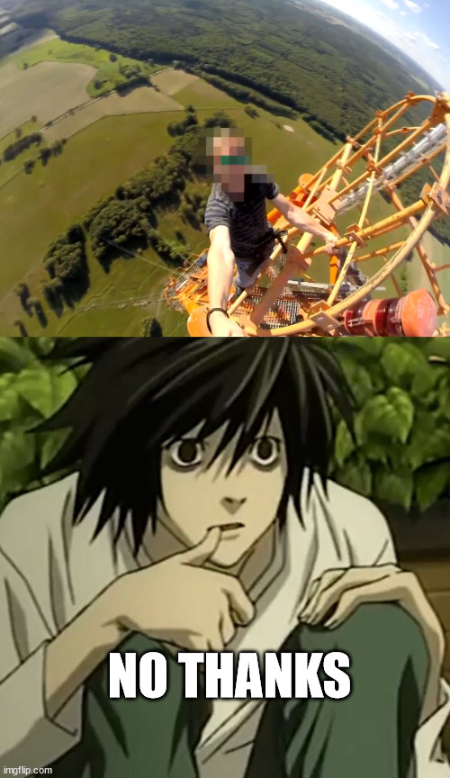 Lawliet meet climber | NO THANKS | image tagged in climber,germany,lawliet,deathnote,anime,gittermast | made w/ Imgflip meme maker