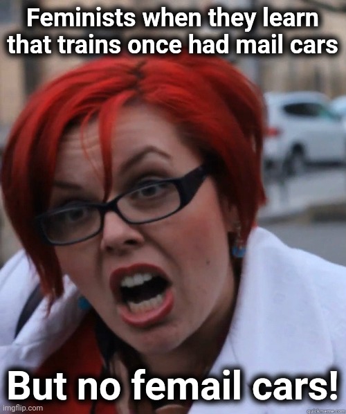 Oh, the patriarchy! | Feminists when they learn that trains once had mail cars; But no femail cars! | image tagged in memes,feminists,mail cars,trains | made w/ Imgflip meme maker