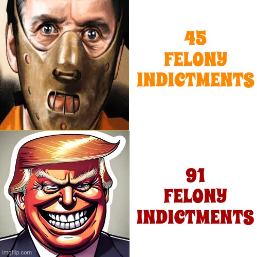 Lock Him Up | 45 FELONY INDICTMENTS; 91 FELONY INDICTMENTS | image tagged in memes,drake hotline bling,felony,lock him up,scumbag trump,trump for prison | made w/ Imgflip meme maker