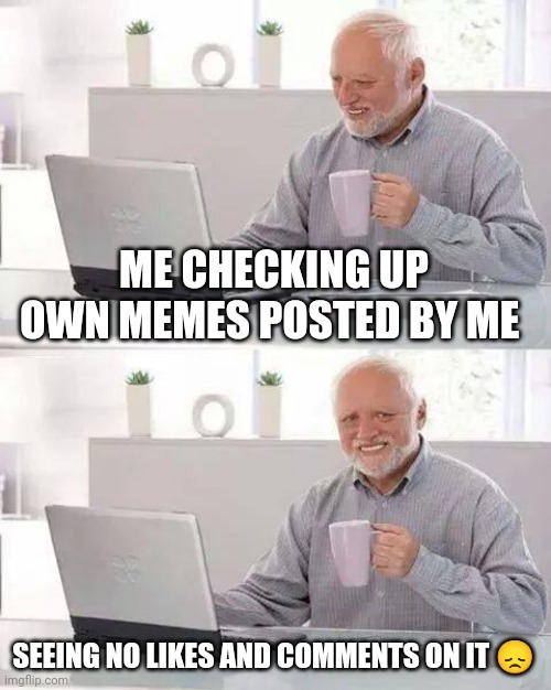 No support | ME CHECKING UP OWN MEMES POSTED BY ME; SEEING NO LIKES AND COMMENTS ON IT 😞 | image tagged in memes,hide the pain harold,support | made w/ Imgflip meme maker