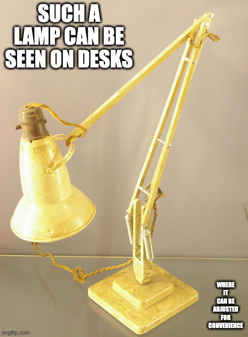 Arm Lamp | SUCH A LAMP CAN BE SEEN ON DESKS; WHERE IT CAN BE ADJUSTED FOR CONVENIENCE | image tagged in lamp,memes | made w/ Imgflip meme maker