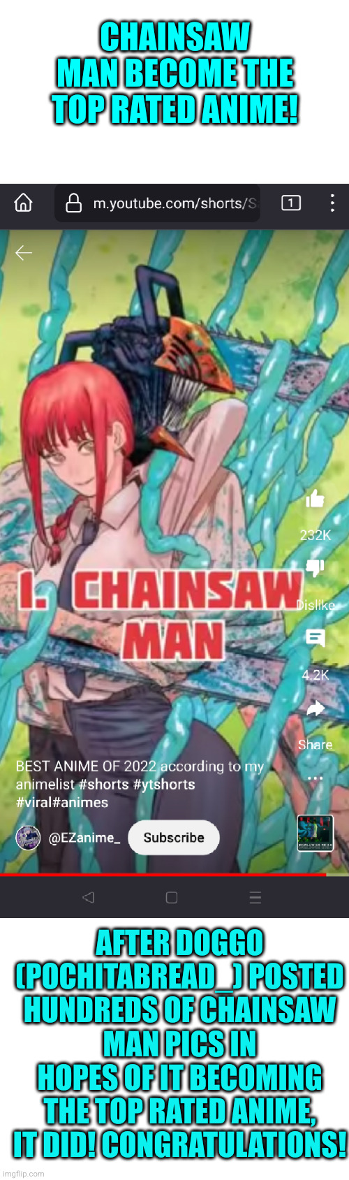 Doggo gave it enough luck | CHAINSAW MAN BECOME THE TOP RATED ANIME! AFTER DOGGO (POCHITABREAD_) POSTED HUNDREDS OF CHAINSAW MAN PICS IN HOPES OF IT BECOMING THE TOP RATED ANIME, IT DID! CONGRATULATIONS! | image tagged in blank white template,chainsaw man,anime,doggo,yayaya,no way | made w/ Imgflip meme maker