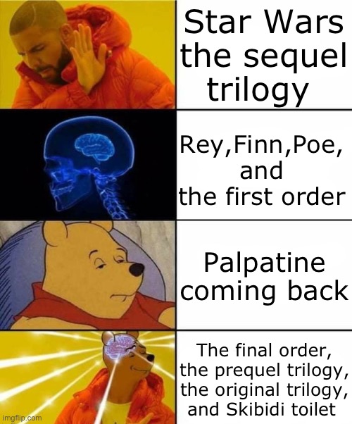 Haha Skibidi toilet go brr | Star Wars the sequel trilogy; Rey,Finn,Poe, and the first order; Palpatine coming back; The final order, the prequel trilogy, the original trilogy, and Skibidi toilet | image tagged in drake brain pooh crossover | made w/ Imgflip meme maker