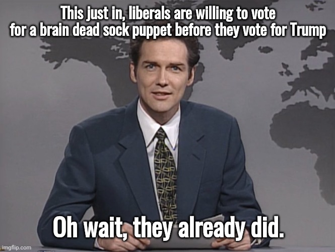They'll vote themselves into a bread line. | This just in, liberals are willing to vote for a brain dead sock puppet before they vote for Trump; Oh wait, they already did. | image tagged in norm mcdonald | made w/ Imgflip meme maker