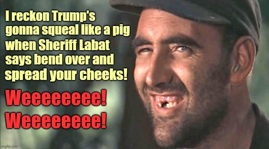 Fulton County Sheriff says Trump will be treated like any other detainee: Fingerprinted, Mugshot, Body Search. | I reckon Trump's gonna squeal like a pig; when Sheriff Labat
says bend over and; spread your cheeks! Weeeeeeee! Weeeeeeee! | image tagged in donald trump,deliverence,squeal like a pig,fulton county,sheriff | made w/ Imgflip meme maker