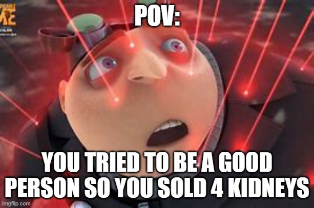 4 Kidneys meme | POV:; YOU TRIED TO BE A GOOD PERSON SO YOU SOLD 4 KIDNEYS | image tagged in memes | made w/ Imgflip meme maker