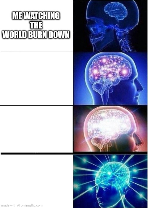 Just tried out this imgflip AI thing... They aren't sentient are they? | ME WATCHING THE WORLD BURN DOWN | image tagged in memes,expanding brain | made w/ Imgflip meme maker