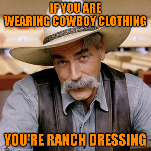 Cowboy Clothing | IF YOU ARE WEARING COWBOY CLOTHING; YOU'RE RANCH DRESSING | image tagged in cowboy wisdom | made w/ Imgflip meme maker