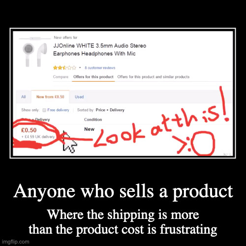 Delivery Cost Bigger than Product Cost | Anyone who sells a product | Where the shipping is more than the product cost is frustrating | image tagged in demotivationals,ebay,gradeaundera | made w/ Imgflip demotivational maker