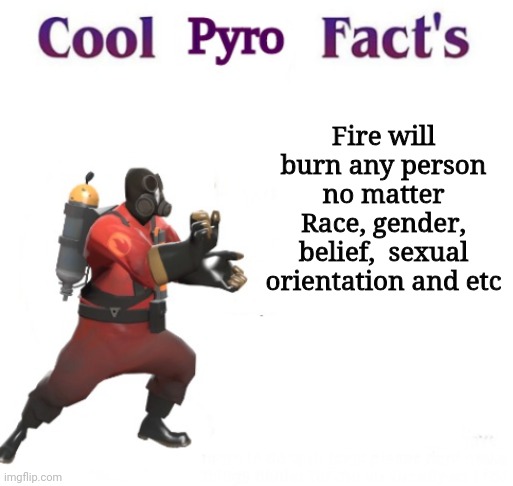 cooler pyro facts | Fire will burn any person no matter Race, gender, belief,  sexual orientation and etc | image tagged in cooler pyro facts | made w/ Imgflip meme maker