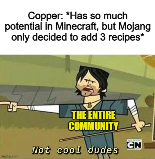 Are you kidding me? ;-; | Copper: *Has so much potential in Minecraft, but Mojang only decided to add 3 recipes*; THE ENTIRE COMMUNITY | image tagged in not cool dudes | made w/ Imgflip meme maker