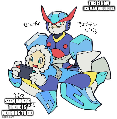 Ice Man on Freeze Man's Lan Using a Console | THIS IS HOW ICE MAN WOULD BE; SEEN WHERE THERE IS NOTHING TO DO | image tagged in iceman,freezeman,megaman,memes | made w/ Imgflip meme maker