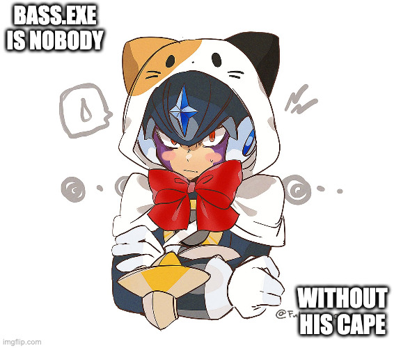Bass.EXE With Cat-Themed Cape | BASS.EXE IS NOBODY; WITHOUT HIS CAPE | image tagged in bassexe,megaman,megaman battle network,memes | made w/ Imgflip meme maker