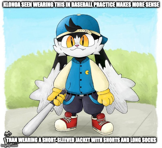 Klonoa in Baseball Practice | KLONOA SEEN WEARING THIS IN BASEBALL PRACTICE MAKES MORE SENSE; THAN WEARING A SHORT-SLEEVED JACKET WITH SHORTS AND LONG SOCKS | image tagged in klonoa,memes | made w/ Imgflip meme maker