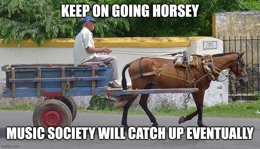 Horse and buggy | KEEP ON GOING HORSEY; MUSIC SOCIETY WILL CATCH UP EVENTUALLY | image tagged in horse and buggy | made w/ Imgflip meme maker