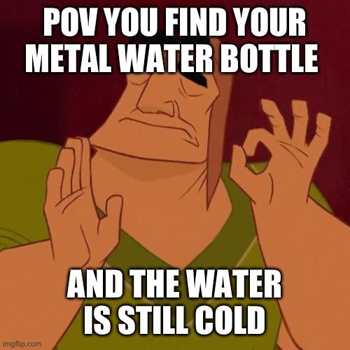 Cold water on a hot summer day | POV YOU FIND YOUR METAL WATER BOTTLE; AND THE WATER IS STILL COLD | image tagged in when x just right | made w/ Imgflip meme maker