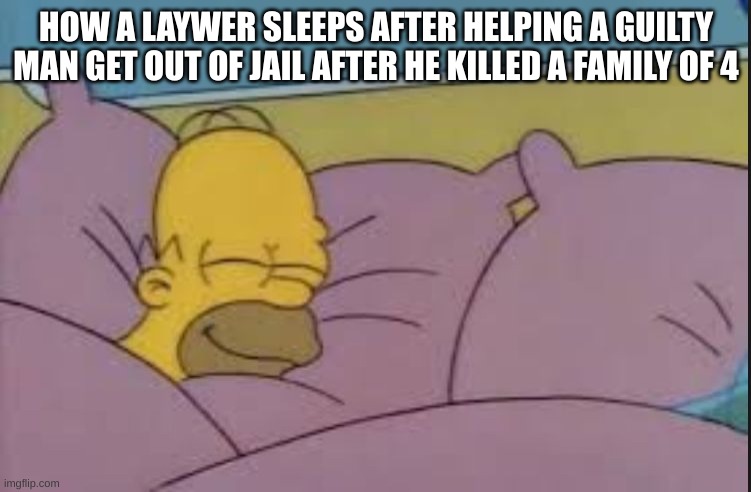 zzzzzzzzzzz | HOW A LAYWER SLEEPS AFTER HELPING A GUILTY MAN GET OUT OF JAIL AFTER HE KILLED A FAMILY OF 4 | image tagged in how i sleep homer simpson | made w/ Imgflip meme maker