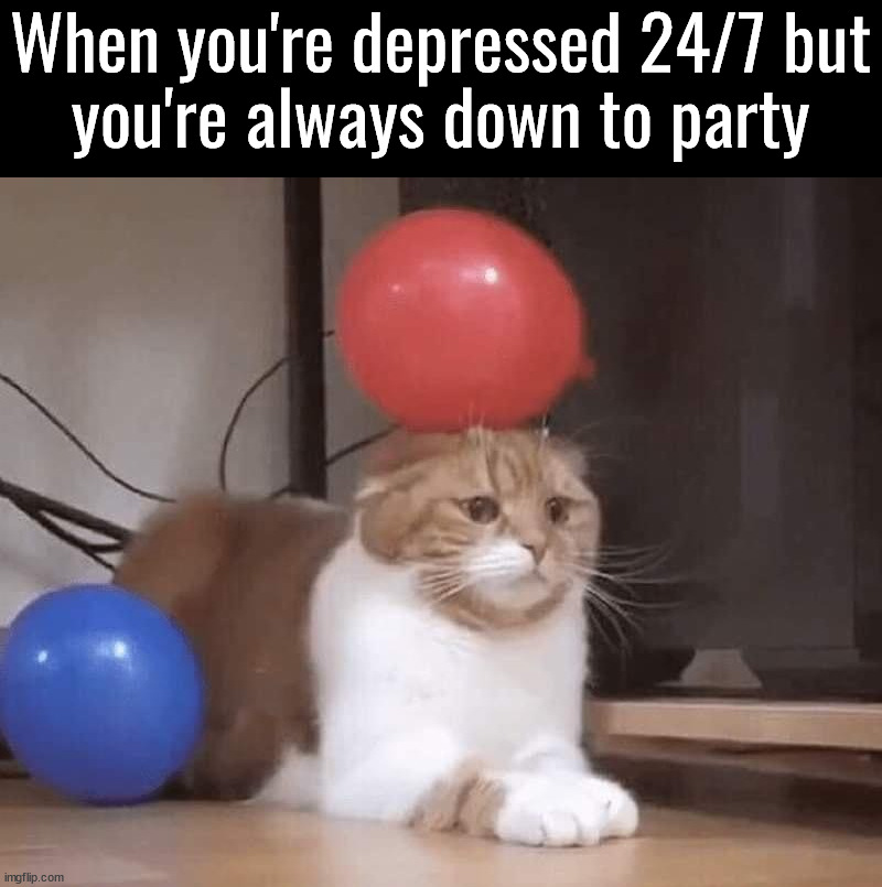 When you're depressed 24/7 but
you're always down to party | made w/ Imgflip meme maker