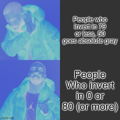 Drake Hotline Bling Meme | People who invert in 79 or less, 50 goes absolute gray; People Who invert in 0 or 80 (or more) | image tagged in memes,drake hotline bling,invert,80,79,50 | made w/ Imgflip meme maker